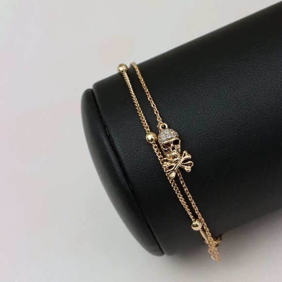 Rose Gold Double Layer Skull Bracelet with Crystal Accents, XPBL0674 - Picture 8 of 12